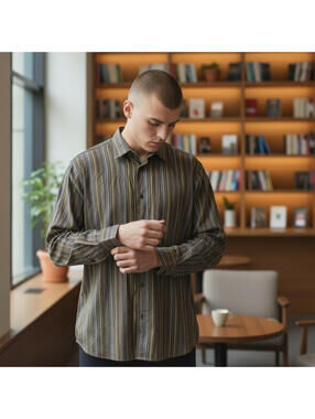 Calvin Klein Men's L Modern Fit Brown Gold Striped Shirt